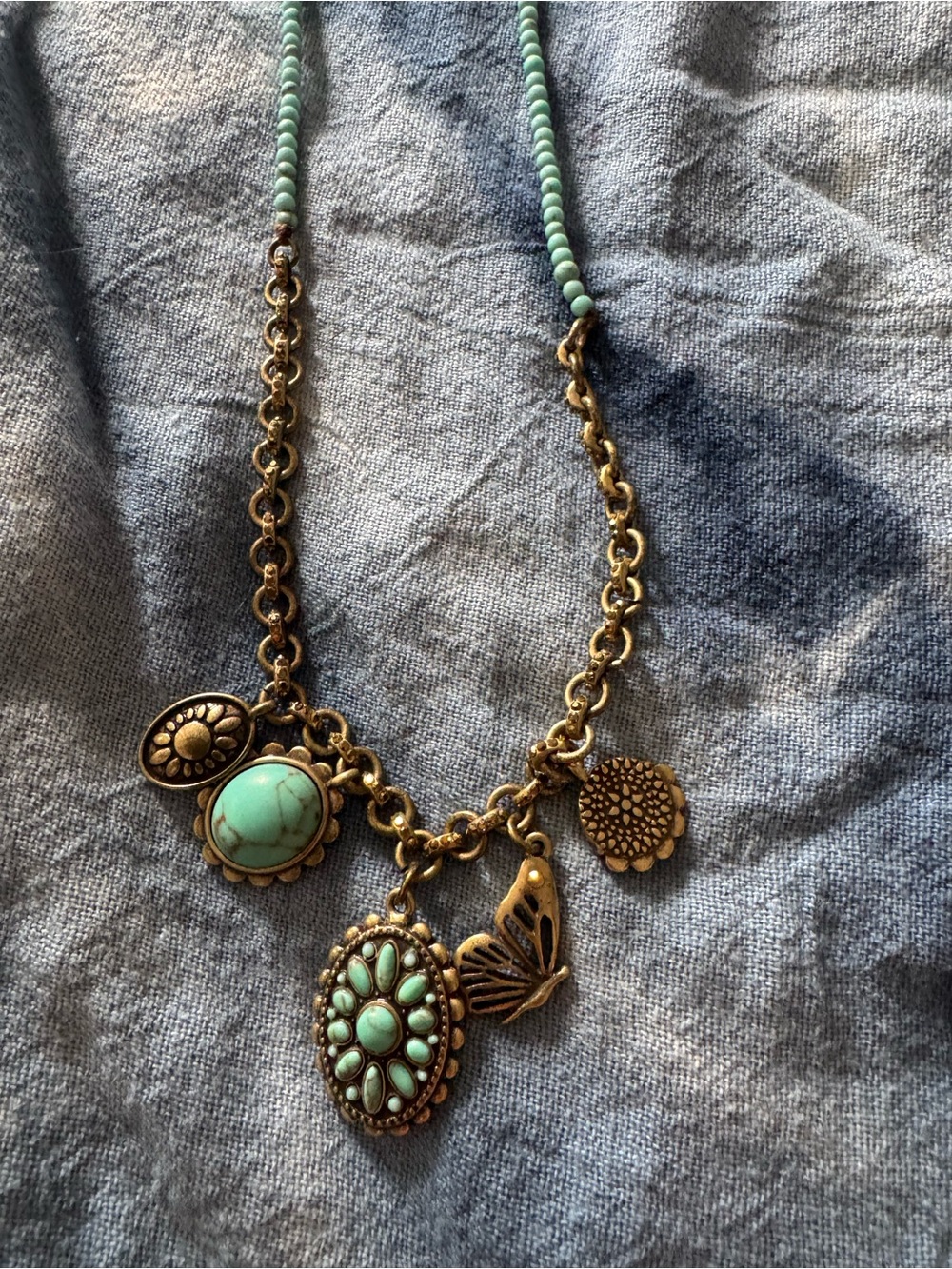 Lucky Brand Turquoise Charm Pendant Necklace - Gold-Tone Chain